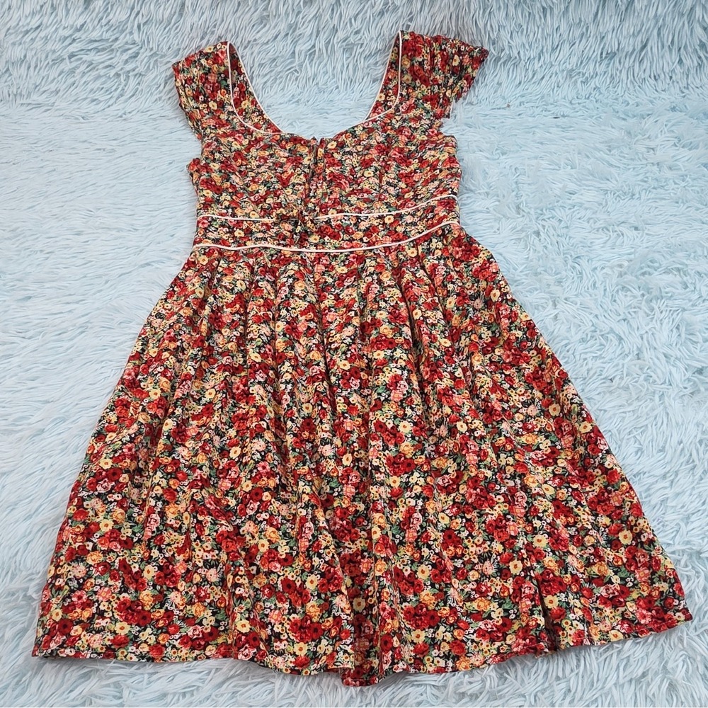 American Rag Cie Red Floral Fit Flare Dress XS Scoop Neck Cap Sleeve Rayon Boho